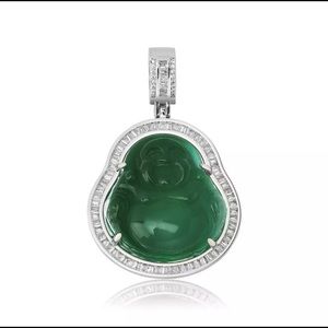 White Gold Jade Green Buddha Pendant w| Rope Chain